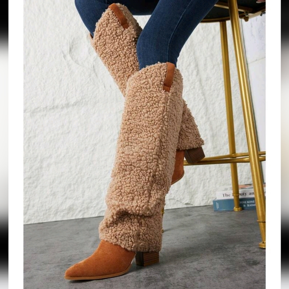 Women Knee High Boots Western Cowboy Boots Chunky Heel Warm Boots Slouch Tall - Picture 3 of 5